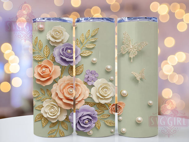 3D Sparkly Floral Butterfly 20oz Tumbler, Sparkly Butterflies Cup, Floral Drinkware, 20oz Sublimation, Gold Floral Wrap, Seamless Design Tumbler, Custom Butterfly Drinkware Sublimation SvggirlplusArt 