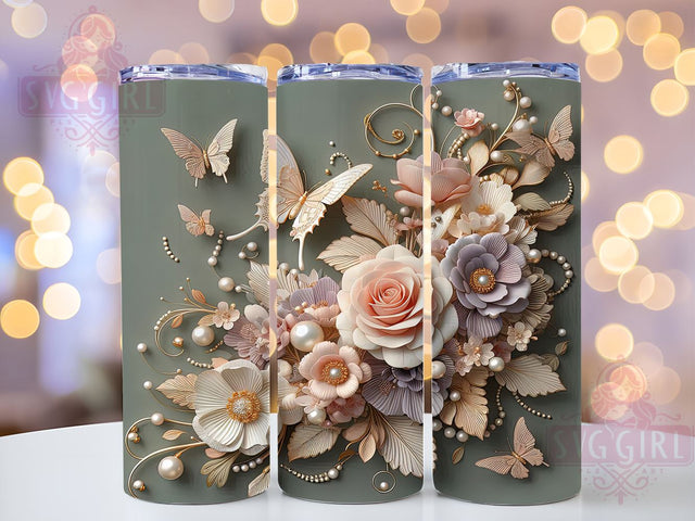 3D Sparkly Floral Butterfly 20oz Tumbler, Sparkly Butterflies Cup, Floral Drinkware, 20oz Sublimation, Gold Floral Wrap, Seamless Design Tumbler, Custom Butterfly Drinkware Sublimation SvggirlplusArt 