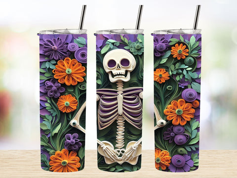 3D Spooky Skeleton 20oz Skinny Tumbler Wrap Sublimation Design. Sublimation CosmosFineArt 