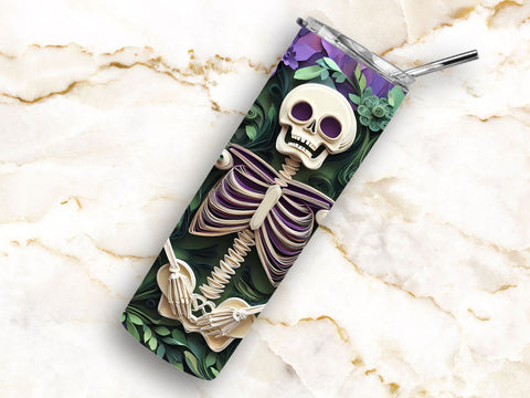3D Spooky Skeleton 20oz Skinny Tumbler Wrap Sublimation Design. Sublimation CosmosFineArt 
