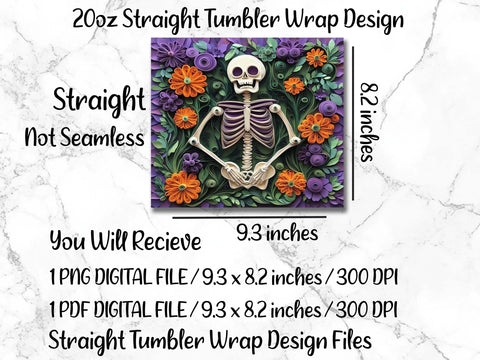 3D Spooky Skeleton 20oz Skinny Tumbler Wrap Sublimation Design. Sublimation CosmosFineArt 