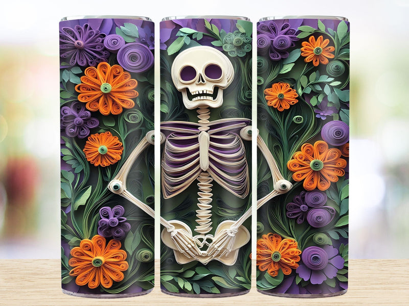3D Spooky Skeleton 20oz Skinny Tumbler Wrap Sublimation Design. Sublimation CosmosFineArt 