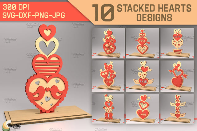 3D Stacked Hearts Bundle. Valentine's Layered Laser Cut SVG Evgenyia Guschina 