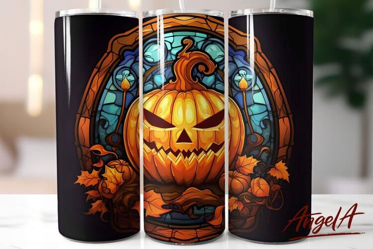 3d stained glass pumpkin / Halloween tumbler wrap / black Sublimation Angelina Semenova 