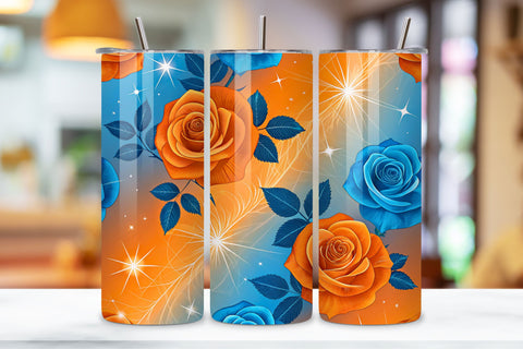 3D Starburst Rose Seamless Tumbler Wrap, Bright Orange and Blue Roses, seamless tumbler wrap, starburst rose design, bright floral wrap, orange blue roses, watercolor starburst design, 20oz skinny tumbler, tapered tumbler wrap, straight tumbler design Sublimation FloridPrintables 