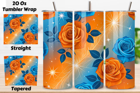 3D Starburst Rose Seamless Tumbler Wrap, Bright Orange and Blue Roses, seamless tumbler wrap, starburst rose design, bright floral wrap, orange blue roses, watercolor starburst design, 20oz skinny tumbler, tapered tumbler wrap, straight tumbler design Sublimation FloridPrintables 