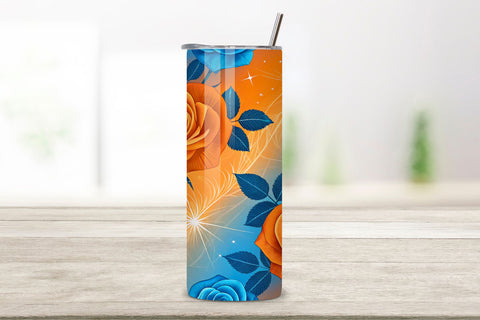 3D Starburst Rose Seamless Tumbler Wrap, Bright Orange and Blue Roses, seamless tumbler wrap, starburst rose design, bright floral wrap, orange blue roses, watercolor starburst design, 20oz skinny tumbler, tapered tumbler wrap, straight tumbler design Sublimation FloridPrintables 