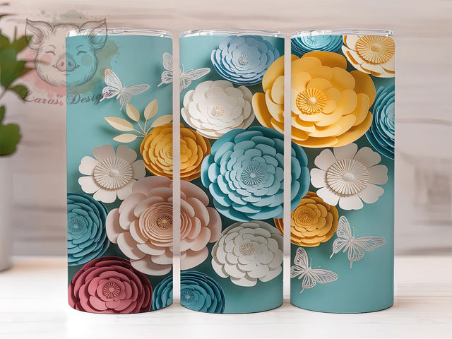 3D Summer Floral Butterfly Tumbler, Summer Butterfly Wrap, 20Oz Skinny Tumbler, White Yellow Green Flowers, Nature-Inspired Sublimation, Vibrant Garden Design, Elegant Bloom Tumbler Sublimation Lara' s Designs 