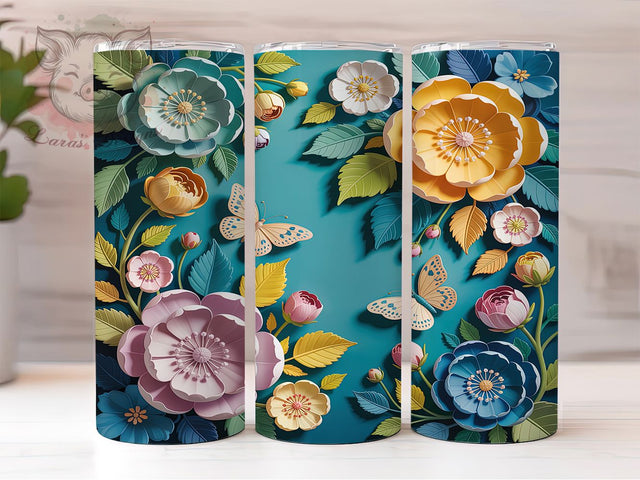 3D Summer Floral Butterfly Tumbler, Summer Butterfly Wrap, 20Oz Skinny Tumbler, White Yellow Green Flowers, Nature-Inspired Sublimation, Vibrant Garden Design, Elegant Bloom Tumbler Sublimation Lara' s Designs 
