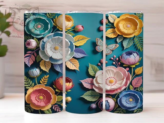 3D Summer Floral Butterfly Tumbler, Summer Butterfly Wrap, 20Oz Skinny Tumbler, White Yellow Green Flowers, Nature-Inspired Sublimation, Vibrant Garden Design, Elegant Bloom Tumbler Sublimation Lara' s Designs 