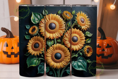 3D Sunflower Autumn Tumbler Wrap Sublimation PixelChick 