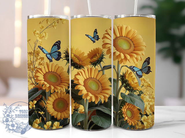 3D Sunflower Butterfly Tumbler, Butterfly Art, Floral Wrap, Sublimation Design, 20oz Tumbler, Bold Pattern, Nature Theme Sublimation ToriDesigns 