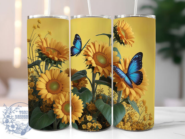 3D Sunflower Butterfly Tumbler, Butterfly Art, Floral Wrap, Sublimation Design, 20oz Tumbler, Bold Pattern, Nature Theme Sublimation ToriDesigns 
