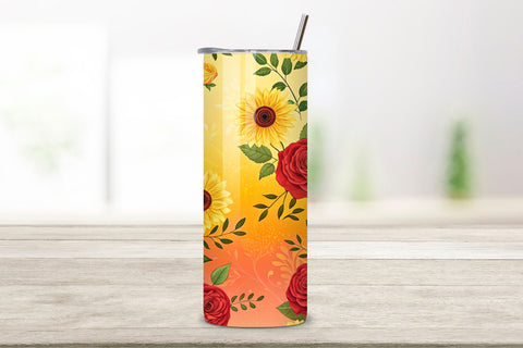 3D Sunflower Field Rose Seamless Tumbler Wrap, Yellow and Red Roses with Sunflowers, seamless tumbler wrap, sunflower rose design, field floral wrap, yellow red roses, watercolor sunflower design, 20oz skinny tumbler Sublimation FloridPrintables 