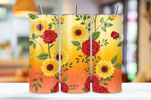 3D Sunflower Field Rose Seamless Tumbler Wrap, Yellow and Red Roses with Sunflowers, seamless tumbler wrap, sunflower rose design, field floral wrap, yellow red roses, watercolor sunflower design, 20oz skinny tumbler Sublimation FloridPrintables 