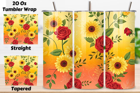 3D Sunflower Field Rose Seamless Tumbler Wrap, Yellow and Red Roses with Sunflowers, seamless tumbler wrap, sunflower rose design, field floral wrap, yellow red roses, watercolor sunflower design, 20oz skinny tumbler Sublimation FloridPrintables 
