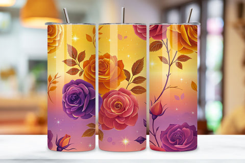 3D Sunset Rose Seamless Tumbler Wrap, Warm Orange and Purple Roses, eamless tumbler wrap, sunset rose design, warm floral wrap, orange purple roses, watercolor sunset design, 20oz skinny tumbler, tapered tumbler wrap, straight tumbler design Sublimation FloridPrintables 