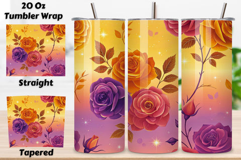 3D Sunset Rose Seamless Tumbler Wrap, Warm Orange and Purple Roses, eamless tumbler wrap, sunset rose design, warm floral wrap, orange purple roses, watercolor sunset design, 20oz skinny tumbler, tapered tumbler wrap, straight tumbler design Sublimation FloridPrintables 