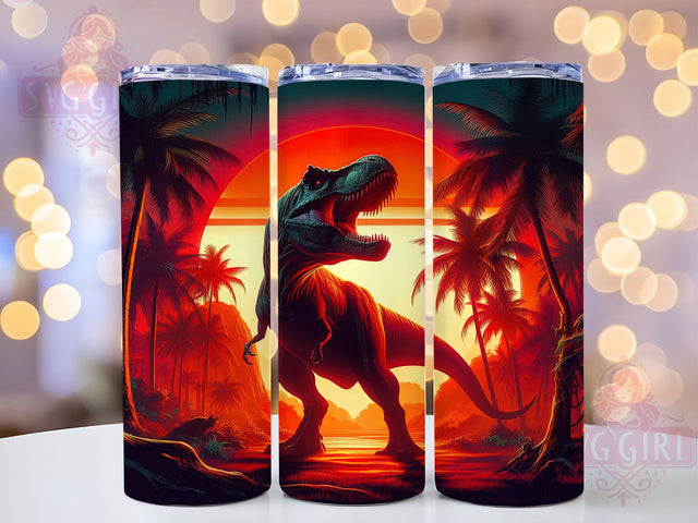 3D T-Rex Grunge Red Sun Tumbler, Dinosaur Wrap, Grungy Style, Rustic Design, Red Sun, 20Oz Tumbler, Sublimation Design Sublimation SvggirlplusArt 