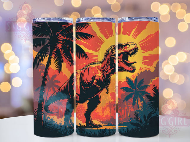 3D T-Rex Grunge Red Sun Tumbler, Dinosaur Wrap, Grungy Style, Rustic Design, Red Sun, 20Oz Tumbler, Sublimation Design Sublimation SvggirlplusArt 