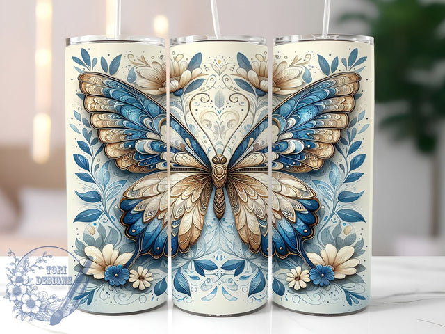 3D Teal Butterfly Floral 20oz Skinny Tumbler, Butterfly Tumbler Png, Straight & Tapered Tumbler Wrap, Instant Digital Download Sublimation ToriDesigns 