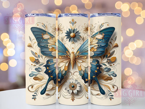 3D Teal Butterfly Floral 20oz Tumbler Wrap Sublimation Design, Straight Tapered Tumbler Wrap, Butterfly Tumbler Png, Instant Digital Download Sublimation SvggirlplusArt 