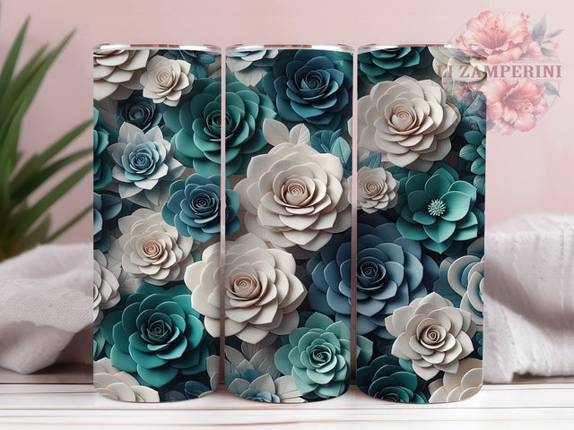3D Teal Rose White Blue Floral Tumbler Wrap, Teal Rose Sublimation, Elegant Flower Tumbler, Realistic Rose Design, Floral Ombre Cup, Watercolor Rose Tumbler Sublimation Li Zamperini 