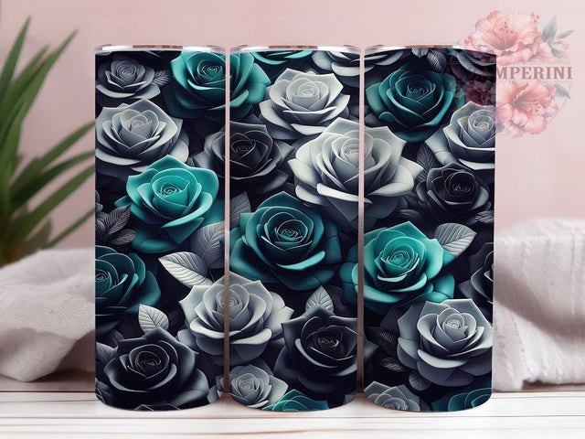 3D Teal Rose White Blue Floral Tumbler Wrap, Teal Rose Sublimation, Elegant Flower Tumbler, Realistic Rose Design, Floral Ombre Cup, Watercolor Rose Tumbler Sublimation Li Zamperini 