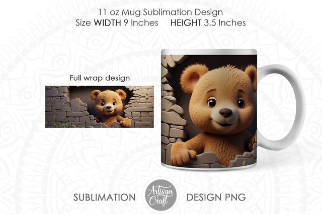 3D Teddy Bear, 3D Hole Mug, breakthrough mug, 11oz mug PNG Sublimation Artisan Craft SVG 