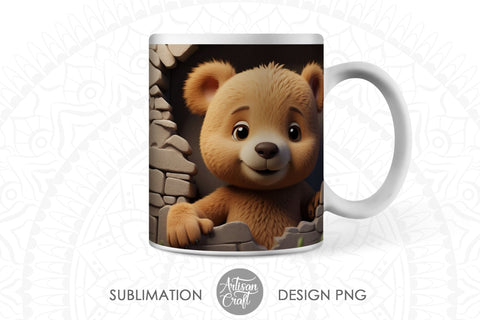 3D Teddy Bear, 3D Hole Mug, breakthrough mug, 11oz mug PNG Sublimation Artisan Craft SVG 