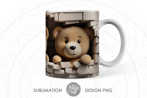 3D Teddy bear breakthrough mug, 3D Hole in a Wall Sublimation Artisan Craft SVG 