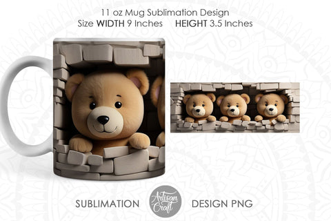 3D Teddy bear breakthrough mug, 3D Hole in a Wall Sublimation Artisan Craft SVG 