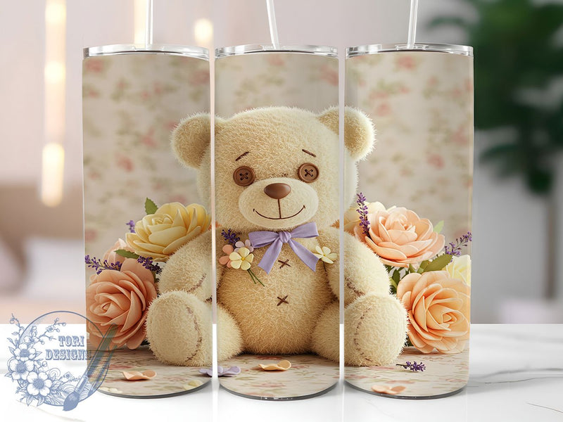 3D Teddy Bear Cute Floral Tumbler, Cute Floral Bear Wrap, 20oz Tumbler Sublimation, Adorable Plush Design, Flower Bear Aesthetic, Kids Gift Tumbler, Whimsical Stuffed Animal Art Sublimation ToriDesigns 