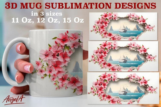 3d travel mug sublimation designs / cruise ship, pink flower Sublimation Angelina Semenova 