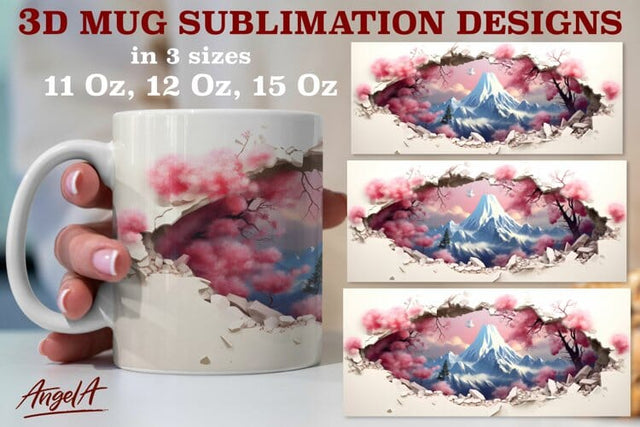 3d travel mug sublimation designs / snow mountain, pink tree Sublimation Angelina Semenova 