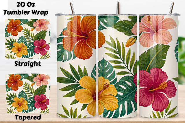 3D Tropical Hibiscus Seamless Tumbler Wrap, Bright Summer Vibes Sublimation FloridPrintables 