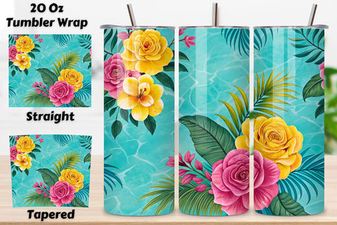 3D Tropical Paradise Seamless Tumbler Wrap, Bright Pink and Yellow Roses with Palm Leaves, seamless tumbler wrap, tropical rose design, bright floral wrap, pink yellow roses, watercolor tropical design, 20oz skinny tumbler, tapered tumbler wrap Sublimation FloridPrintables 