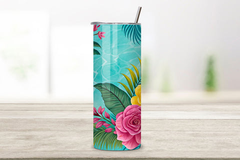 3D Tropical Paradise Seamless Tumbler Wrap, Bright Pink and Yellow Roses with Palm Leaves, seamless tumbler wrap, tropical rose design, bright floral wrap, pink yellow roses, watercolor tropical design, 20oz skinny tumbler, tapered tumbler wrap Sublimation FloridPrintables 