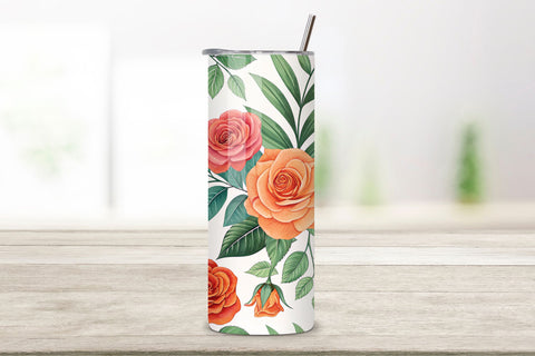3D Tropical Rose Seamless Tumbler Wrap, Bright Coral and Orange Roses, seamless tumbler wrap, tropical rose design, bright floral wrap, coral orange roses, watercolor rose design, 20oz skinny tumbler, tapered tumbler wrap, straight tumbler design Sublimation FloridPrintables 