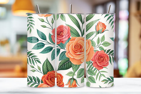 3D Tropical Rose Seamless Tumbler Wrap, Bright Coral and Orange Roses, seamless tumbler wrap, tropical rose design, bright floral wrap, coral orange roses, watercolor rose design, 20oz skinny tumbler, tapered tumbler wrap, straight tumbler design Sublimation FloridPrintables 