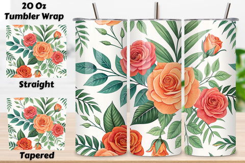 3D Tropical Rose Seamless Tumbler Wrap, Bright Coral and Orange Roses, seamless tumbler wrap, tropical rose design, bright floral wrap, coral orange roses, watercolor rose design, 20oz skinny tumbler, tapered tumbler wrap, straight tumbler design Sublimation FloridPrintables 