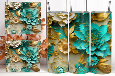 3D Turquoise flowers tumbler wrap | Sublimation PNG design Sublimation FloridPrintables 