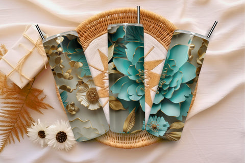 3D Turquoise flowers tumbler wrap | Sublimation PNG design Sublimation FloridPrintables 