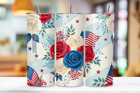 3D USA Patriotic Floral Seamless Tumbler Wrap, Red, White, and Blue Roses Sublimation FloridPrintables 