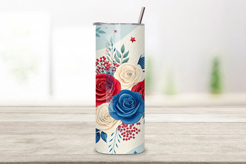 3D USA Patriotic Floral Seamless Tumbler Wrap, Red, White, and Blue Roses Sublimation FloridPrintables 