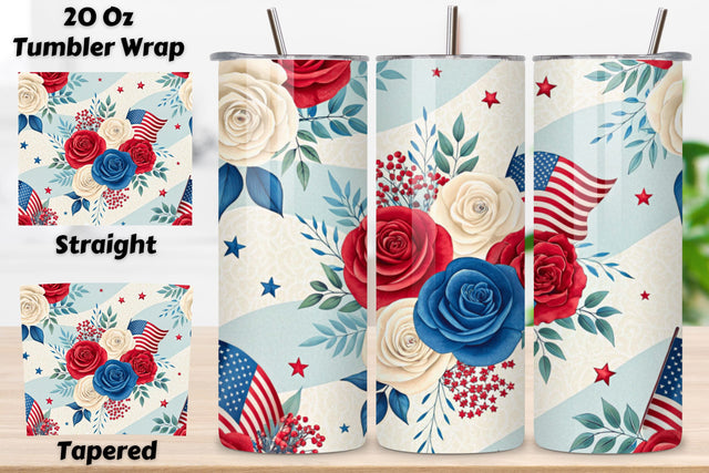 3D USA Patriotic Floral Seamless Tumbler Wrap, Red, White, and Blue Roses Sublimation FloridPrintables 