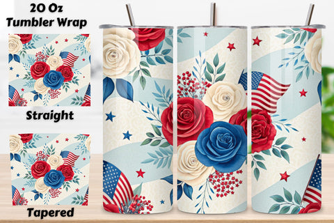 3D USA Patriotic Floral Seamless Tumbler Wrap, Red, White, and Blue Roses Sublimation FloridPrintables 
