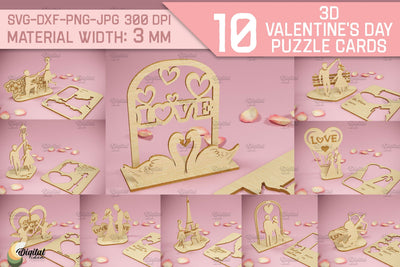3D Valentine's Day Puzzle Card. Bundle. Lasercut Design SVG Evgenyia Guschina 