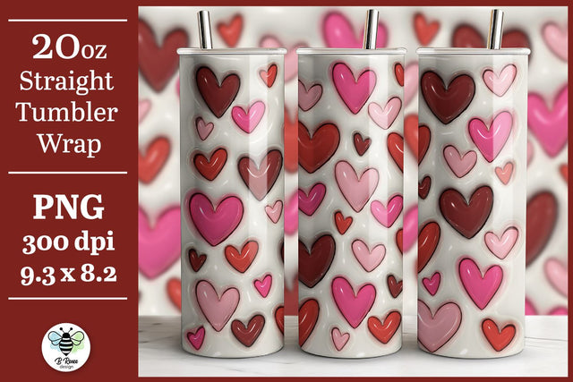 3D Valentines Day Tumbler Wrap | Puff Hearts Sublimation PNG Sublimation B Renee Design 