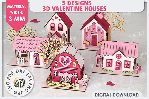 3D Valentine's Houses Laser Cut Bundle. 3D Houses SVG SVG Evgenyia Guschina 